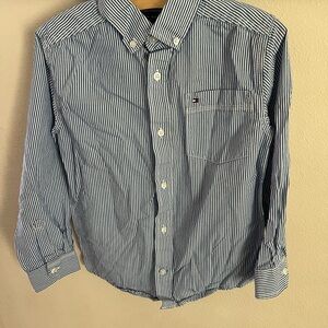 Tommy Hilfiger Boys Long Sleeve Blue and White Striped Button Down Dress Shirt